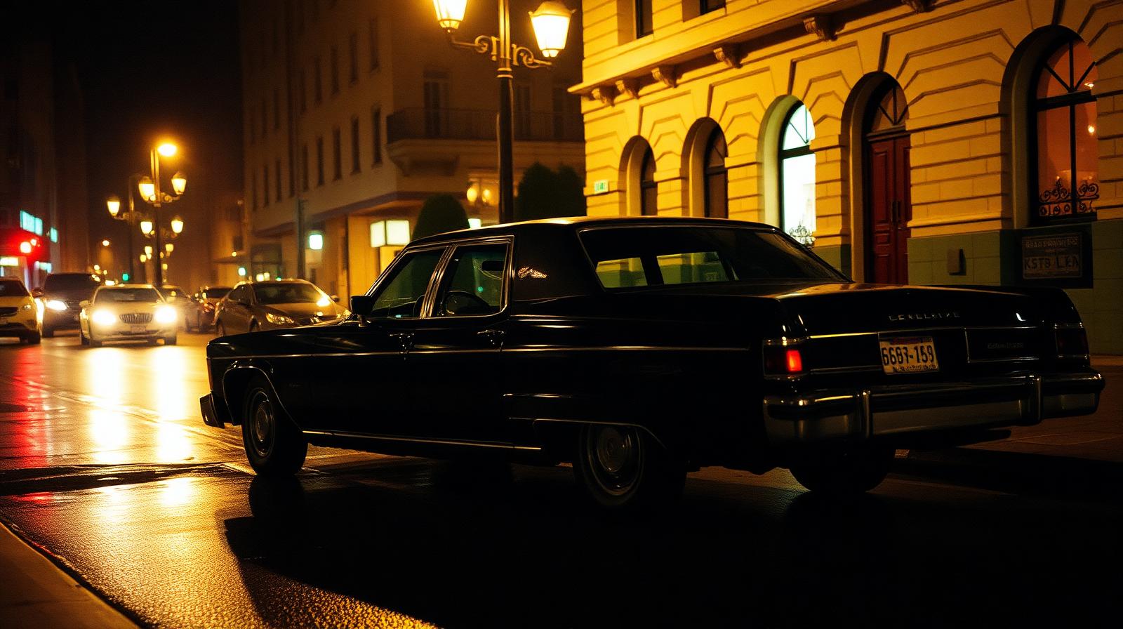Black luxury sedan on a wet city street at night