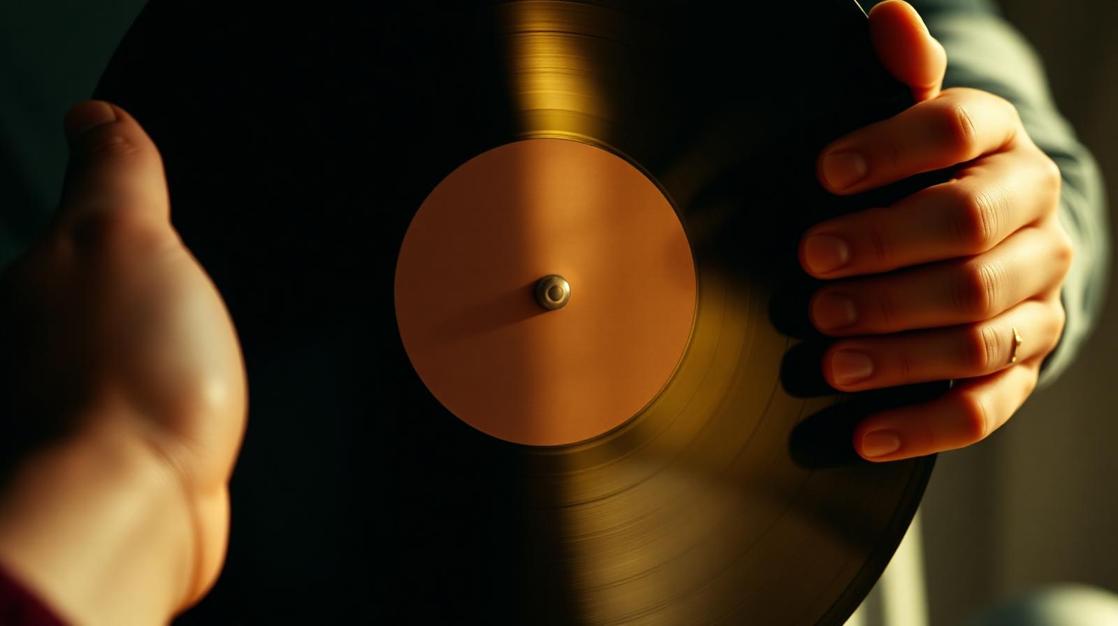 Hands holding a worn vinyl record in warm gold light